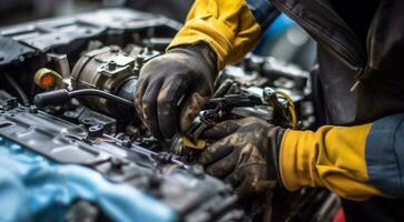 AI generated close-up of a auto mechanic repairing engine, close-up car engine, auto mechanic hands fixing car engine, mechanic fixing car photo