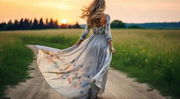 ai generado bonito joven solitario niña corriendo en el naturaleza, bonito mujer corriendo en naturaleza, vestido niña corriendo en bosque camino, mujer en un campo foto