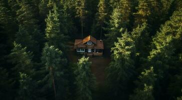 AI generated house in the woods, house in the forest, modern designed wooden house in the forest photo