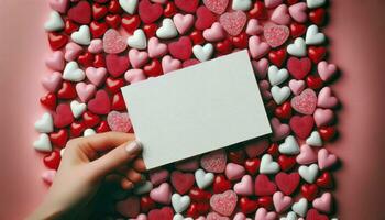 AI generated Message of Love Blank Card with Heart Candies photo