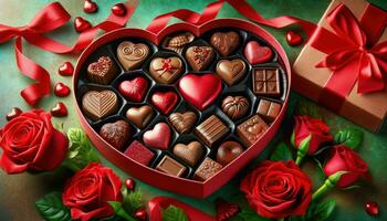 ai generado romántico San Valentín día chocolate caja y rojo rosas foto