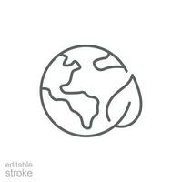 verde tierra planeta icono. sencillo contorno estilo. mundo ecología, globo con hojas, eco ambiente logo, salvar naturaleza concepto. Delgado línea símbolo. vector ilustración aislado. editable ataque.