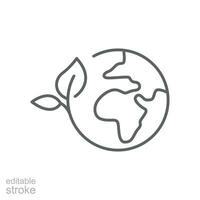 verde tierra planeta icono. sencillo contorno estilo. mundo ecología, globo con hojas, eco ambiente logo, salvar naturaleza concepto. Delgado línea símbolo. vector ilustración aislado. editable ataque.