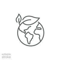 Green earth planet icon. Simple outline style. World ecology, globe with leafs, eco environment logo, save nature concept. Thin line symbol. Vector illustration isolated. Editable stroke.