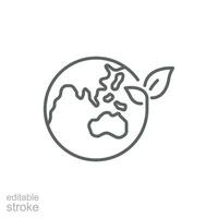 Green earth planet icon. Simple outline style. World ecology, globe with leafs, eco environment logo, save nature concept. Thin line symbol. Vector illustration isolated. Editable stroke.