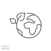 Green earth planet icon. Simple outline style. World ecology, globe with leafs, eco environment logo, save nature concept. Thin line symbol. Vector illustration isolated. Editable stroke.