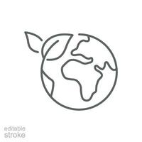 Green earth planet icon. Simple outline style. World ecology, globe with leafs, eco environment logo, save nature concept. Thin line symbol. Vector illustration isolated. Editable stroke.