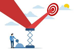 Economic and Financial Concepts. Businessman pulls lever to push graph towards target. businessman. success, economic growth. Flat vector illustration on white background.