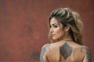 ai generado retrato de un mujer con un cuerpo lleno de artístico tatuajes foto