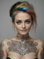 ai generado retrato de un mujer con un cuerpo lleno de artístico tatuajes foto