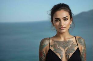 ai generado retrato de un mujer con un cuerpo lleno de artístico tatuajes foto