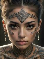 AI generated Portrait of a woman with a body full of artistic tattoos photo