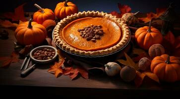 AI generated halloween pumpkin on a table, delicious baked foods on the table photo