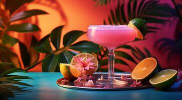 AI generated colorful glass of coctail on the abstract background, tropical coctail on the table photo