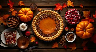 ai generado Víspera de Todos los Santos calabaza en un mesa, delicioso horneado comidas en el mesa foto