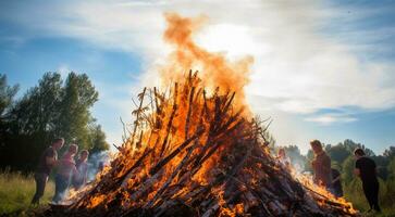 AI generated bonfire in the forest, bonfire background, bonfire in the park, fire background photo