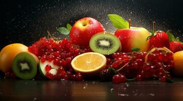 AI generated delicious colored fruits on colored background, wallpaper of fruits, sliced fruits on abstract background, fruits background photo
