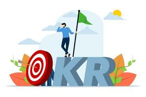 OKR concept, goal and key results framework to measure success and improvement, entrepreneur with victory flag on target with OKR work. determine measurable targets for the business. vector