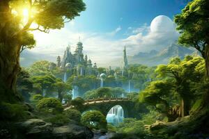 AI generated Fantasy landscape with fantasy world and bridge. 3D rendering, AI Generated photo