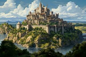 AI generated Fantasy landscape with medieval castle on the rock over blue sky background, AI Generated photo