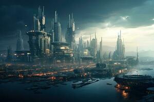 AI generated Futuristic city at night, 3d rendering toned image, AI Generated photo