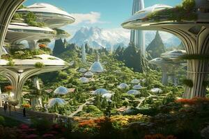 AI generated 3D rendering of a futuristic city in the sky with trees and bushes, AI Generated photo