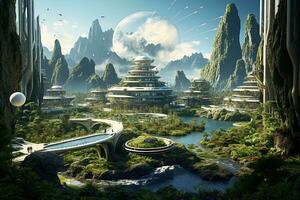 AI generated Fantasy landscape with mountains and pagoda. 3D rendering, AI Generated photo