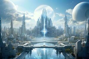 AI generated Fantasy alien planet. 3D render. Futuristic city, AI Generated photo