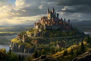 AI generated Fantasy landscape with castle on the hill. 3D render, AI Generated photo
