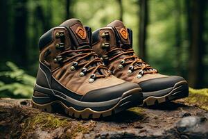 AI generated Hiking boots in the forest. Hiking boots in nature, AI Generated photo