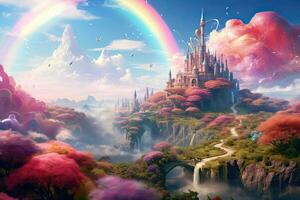 AI generated Magic Fairy Tale Landscape with castle and rainbow. 3D Rendering, AI Generated photo