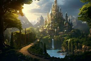 AI generated Magic Fairy Tale Landscape with Castle and waterfall. 3D Rendering, AI Generated photo