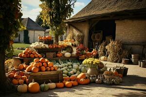 ai generado cosechado calabazas y calabazas en un rústico granja, ai generado foto