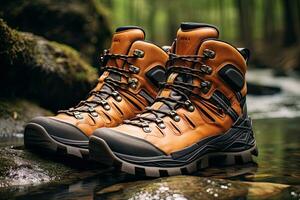 AI generated Pair of hiking boots on a stone in a forest river, AI Generated photo