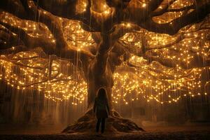 ai generado mujer en pie debajo un grande árbol con brillante Navidad luces en el bosque, ai generado foto