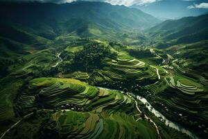 ai generado aéreo ver de aterrazado arroz campo en sapa, Vietnam, ai generado foto