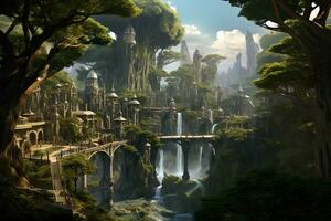 AI generated Fantasy landscape with a waterfall and a bridge. 3d rendering, AI Generated photo