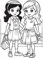 two girl kids models coloring page vector