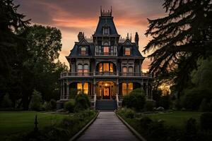 AI generated Beautiful mansion in the park at sunset. Selective focus, AI Generated photo