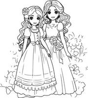 two girl kids models coloring page vector