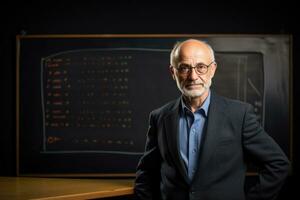 AI generated Portrait of a senior teacher in front of a blackboard, A distinguished professor in front of a classic blackboard, AI Generated photo