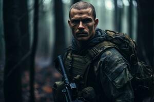 AI generated Portrait of a man with a machine gun in the forest, AI Generated photo