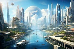 AI generated Futuristic city with skyscrapers, buildings and blue sky, AI Generated photo