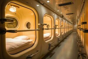 AI generated Interior of a modern passenger airplane. Interior of an airplane, A compact, space-efficient capsule hotel in Tokyo, AI Generated photo