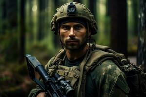 AI generated Portrait of a man with a machine gun in the forest, AI Generated photo