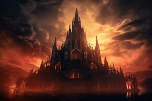 AI generated Fantasy landscape with gothic cathedral in sunset. 3D rendering, AI Generated photo