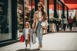 ai generado elegante madre y hija con compras pantalones caminando en calle en ciudad, un de moda mamá compras en de la madre día, ai generado foto