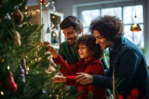 AI generated Happy family sitting on the windowsill near the Christmas tree with gifts, A family decorating a Christmas tree together, AI Generated photo