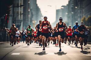 ai generado multiétnico grupo de personas corriendo en el ciudad en un soleado día, ai generado foto