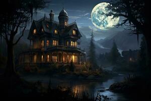 AI generated Halloween night scene with haunted house and full moon. 3D rendering, AI Generated photo